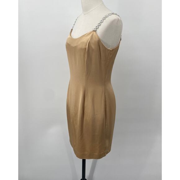 Vintage 90s Jessica McClintock Satin Mini Dress Flower Beaded Straps Champagne 6 - Picture 5 of 15